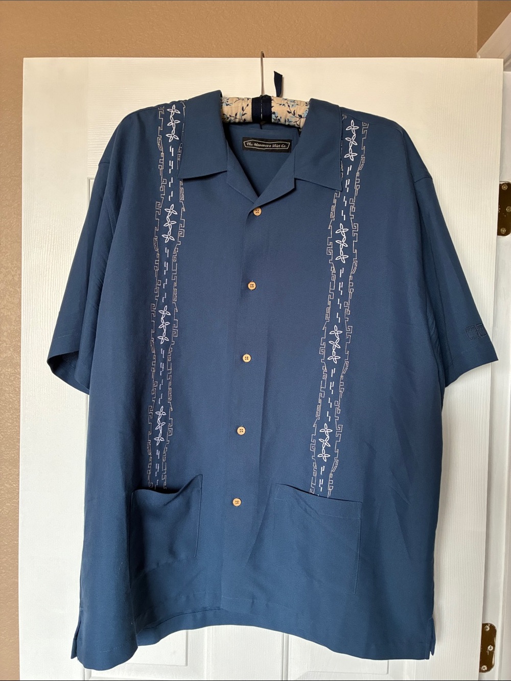 Navy Blue Embroidered Cuban Collar Shirt